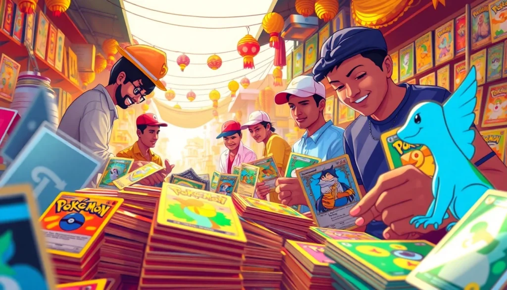 Explore a stunning array of Real Pokemon cards India displayed at a vibrant marketplace.